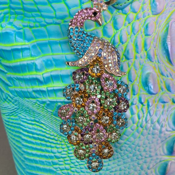 Colorful Peacock Crystal Rhinestone Gold Tone Metal Purse Charm and Key ring - Picture 3 of 9